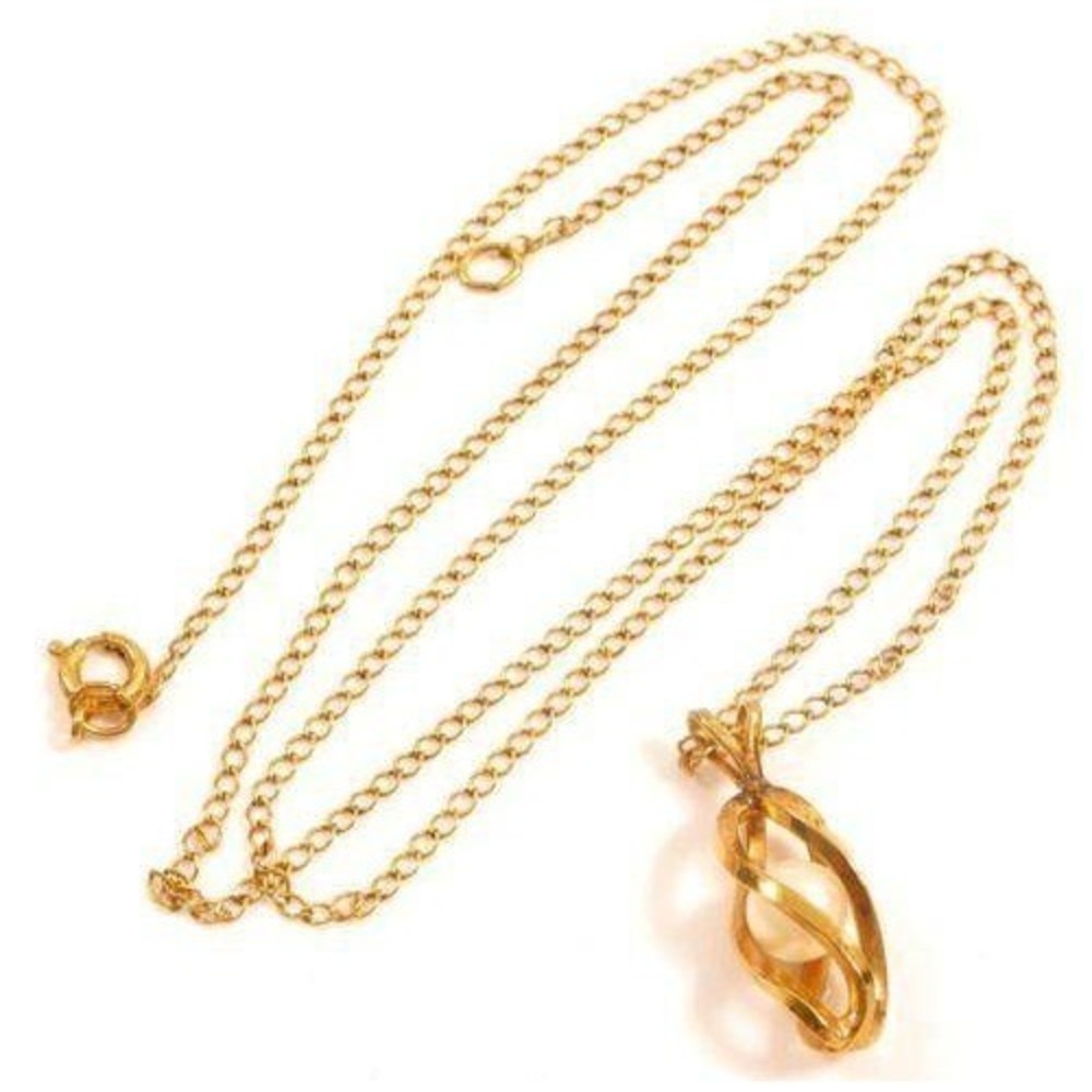 Gold Tone Spiral Cage Pearl Pendant Necklace Vintage Style 18 Inch Link Chain